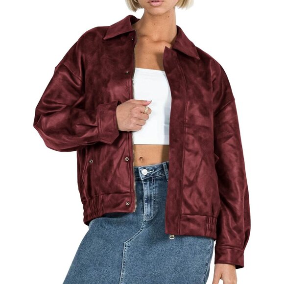✨ Women's Red Faux Leather Jacket Trendy Clothes Zip Up Winter Coat Outerwear